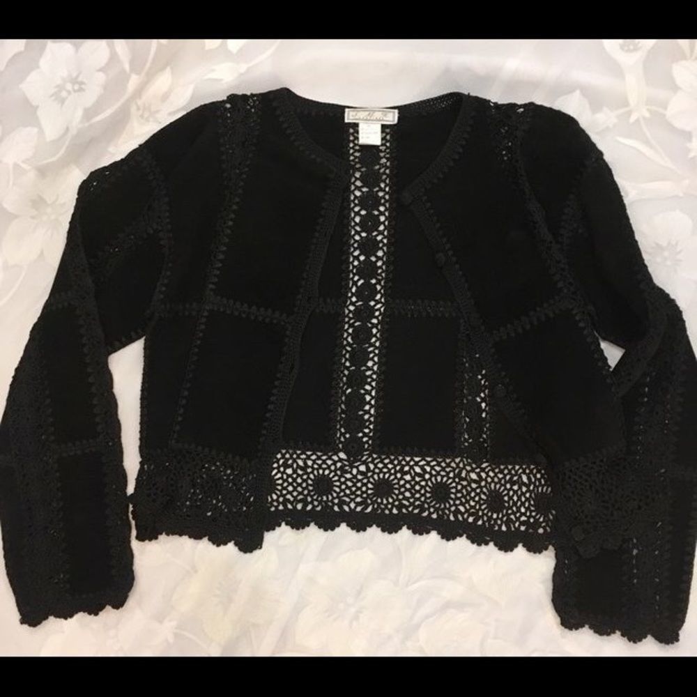 Vintage S. M. H. Boutique Black Suede And Crochet Sweater